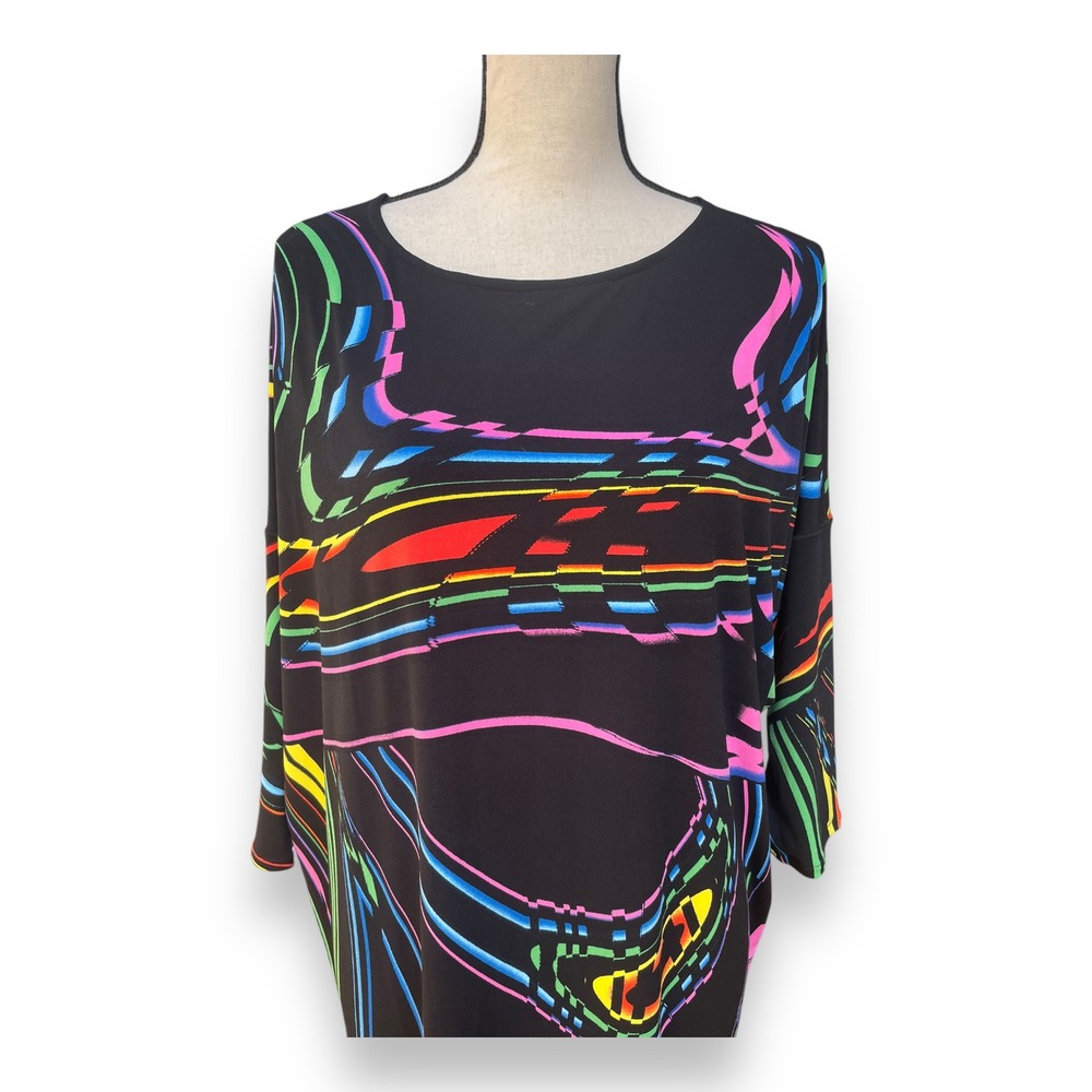 Eva Varro Women's Neon Abstract Vanda Print Midi Dress Black Multi Size M USA